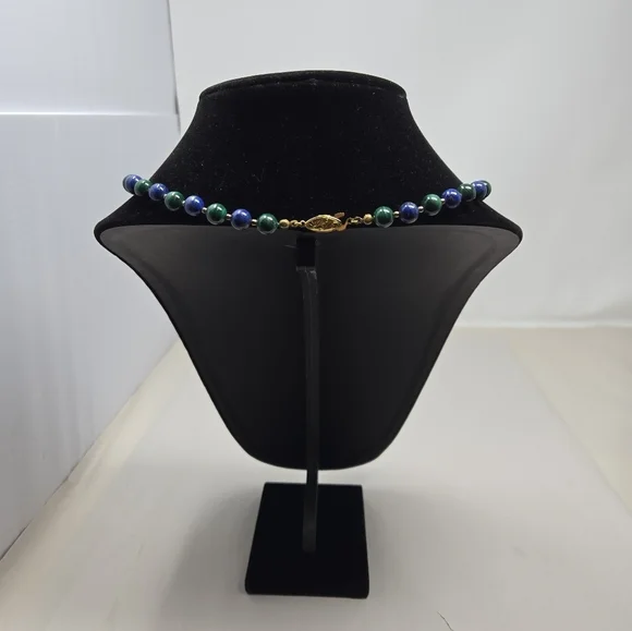 Vintage Lapis Lazuli Round Beaded Womens Necklace Gold Coated Silver Clasp - Picture 3 of 9